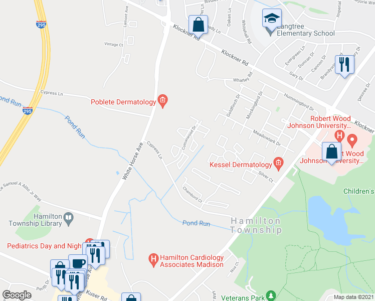 map of restaurants, bars, coffee shops, grocery stores, and more near 2 Mulberry Court in Hamilton Township
