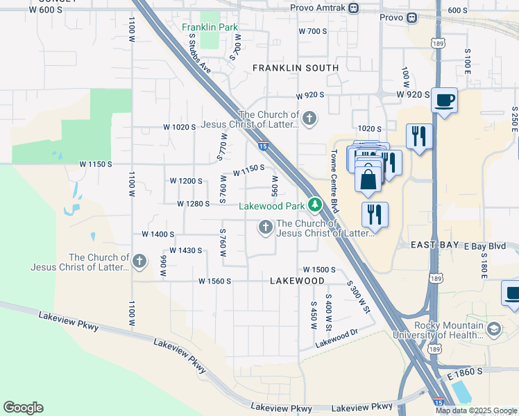 map of restaurants, bars, coffee shops, grocery stores, and more near 655 West 1280 South in Provo