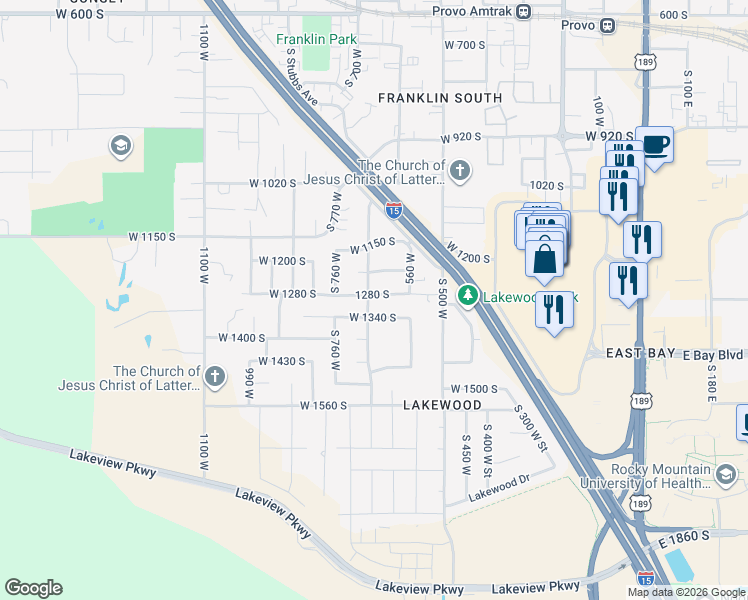 map of restaurants, bars, coffee shops, grocery stores, and more near 679 West 1280 South in Provo