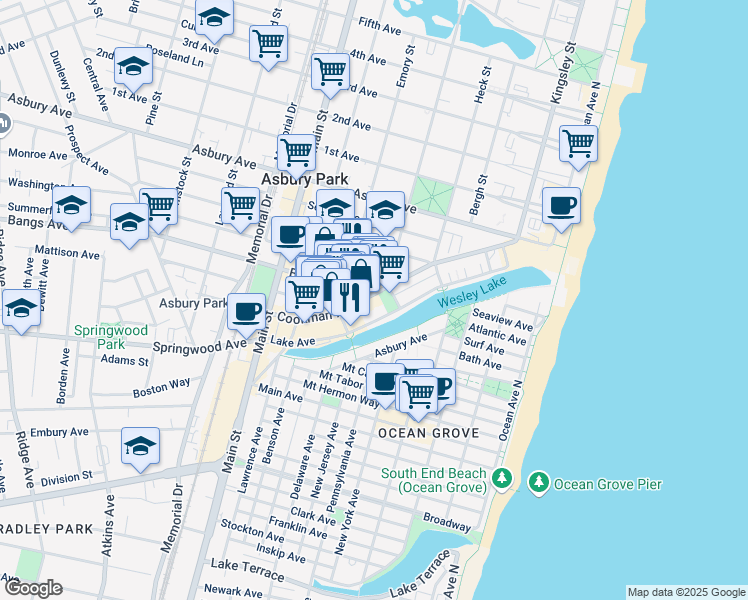 map of restaurants, bars, coffee shops, grocery stores, and more near 511 Cookman Avenue in Asbury Park