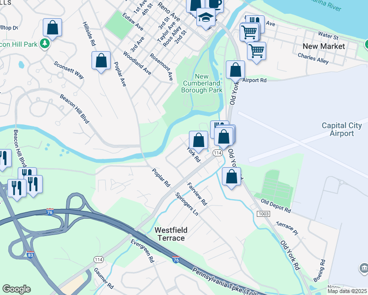 map of restaurants, bars, coffee shops, grocery stores, and more near 208 York Road in New Cumberland
