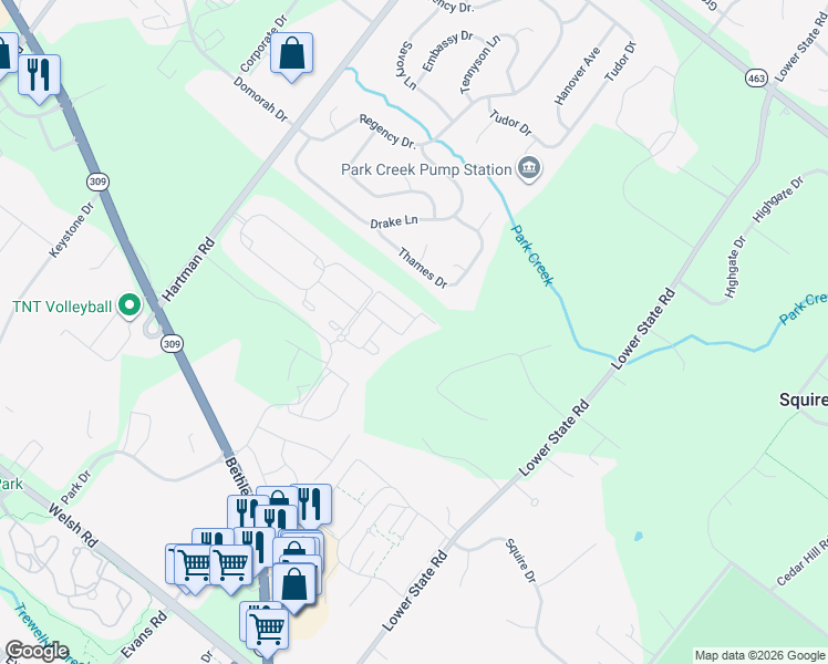 map of restaurants, bars, coffee shops, grocery stores, and more near 511 Ellison Drive in North Wales