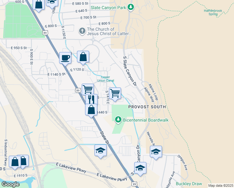 map of restaurants, bars, coffee shops, grocery stores, and more near 1296 South 1540 East in Provo