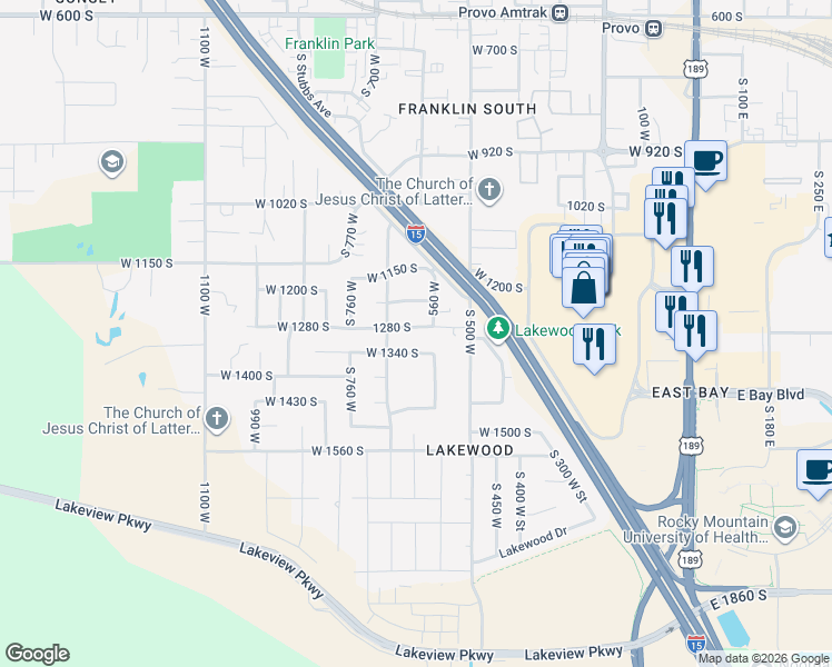 map of restaurants, bars, coffee shops, grocery stores, and more near 641 West 1280 South in Provo