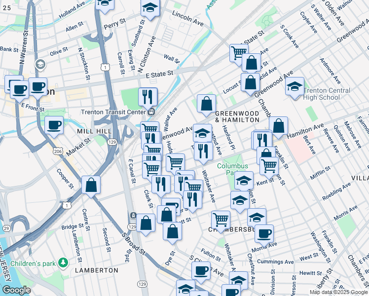 map of restaurants, bars, coffee shops, grocery stores, and more near 248 Tyler Street in Trenton