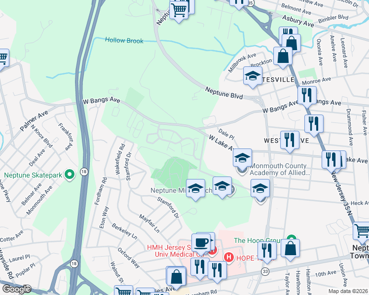 map of restaurants, bars, coffee shops, grocery stores, and more near 1801 Alpine Trail in Neptune City