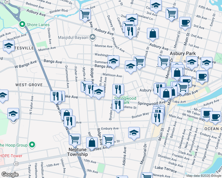 map of restaurants, bars, coffee shops, grocery stores, and more near 135 Borden Avenue in Asbury Park