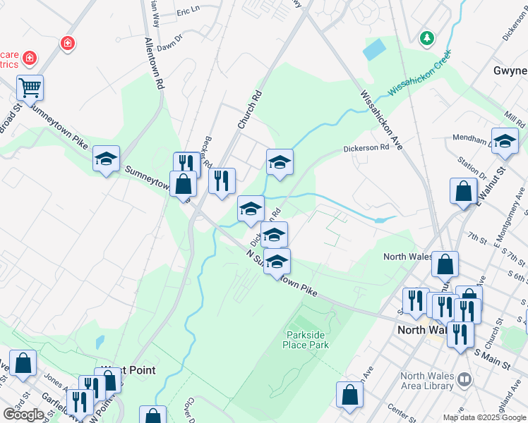 map of restaurants, bars, coffee shops, grocery stores, and more near 130 Dickerson Road in North Wales