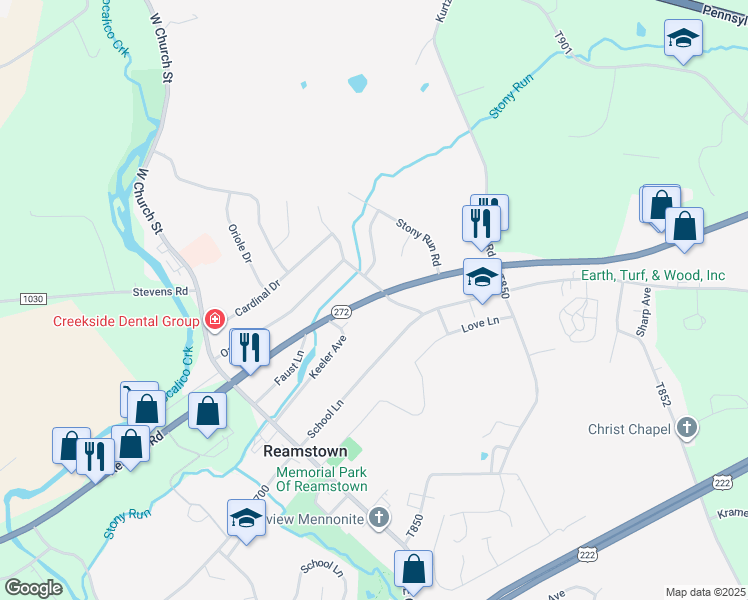 map of restaurants, bars, coffee shops, grocery stores, and more near 1525 North Reading Road in Stevens
