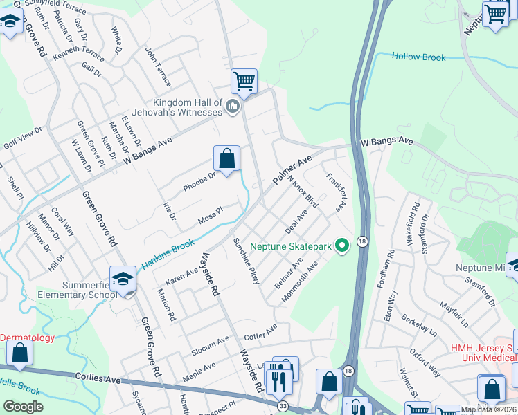 map of restaurants, bars, coffee shops, grocery stores, and more near 610 Wayside Road in Neptune City