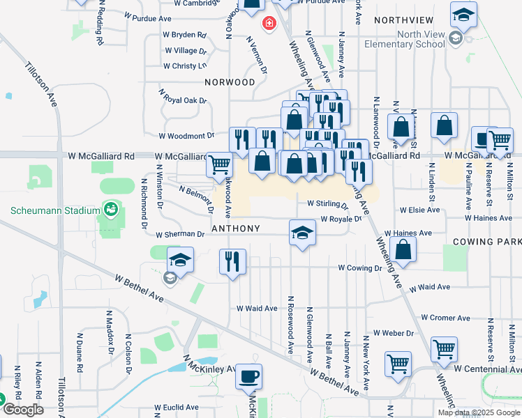 map of restaurants, bars, coffee shops, grocery stores, and more near 1800 West Royale Drive in Muncie