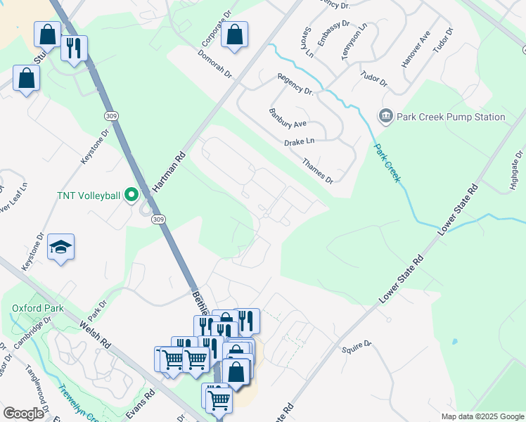 map of restaurants, bars, coffee shops, grocery stores, and more near 216 Eisenhower Lane in North Wales