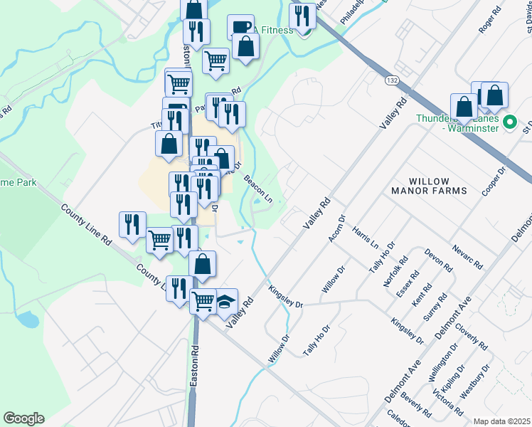 map of restaurants, bars, coffee shops, grocery stores, and more near 1712 Beacon Lane in Warrington