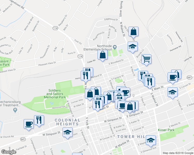 map of restaurants, bars, coffee shops, grocery stores, and more near 99 West Portland Street in Mechanicsburg
