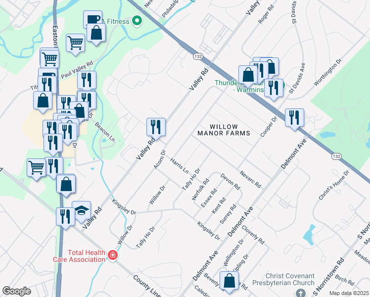 map of restaurants, bars, coffee shops, grocery stores, and more near 341 Hopwood Drive in Warminster