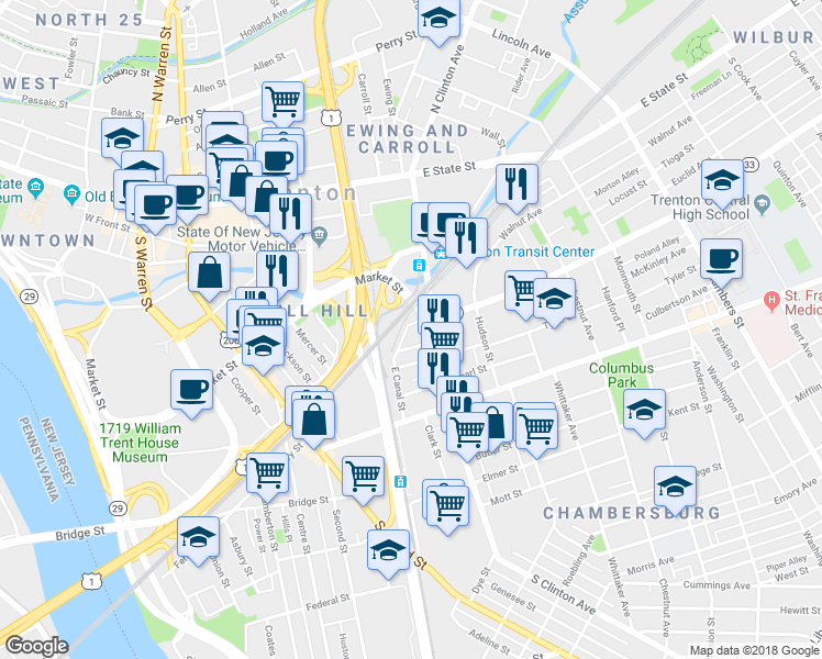 map of restaurants, bars, coffee shops, grocery stores, and more near 351 Greenwood Avenue in Trenton
