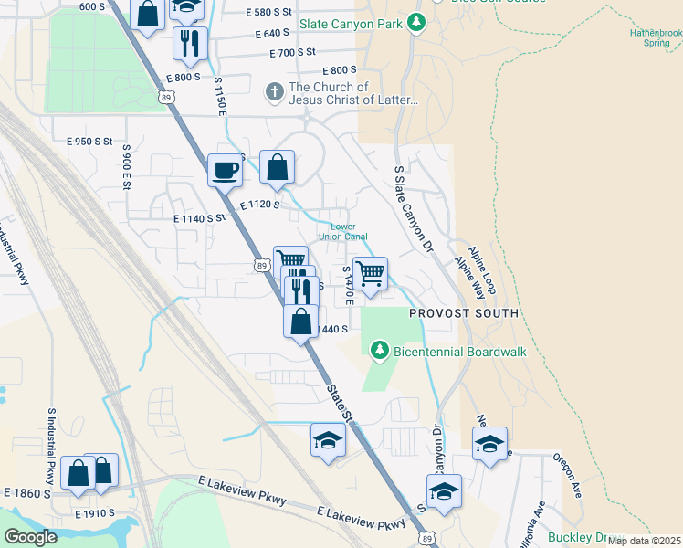 map of restaurants, bars, coffee shops, grocery stores, and more near 1453 East 1300 South in Provo