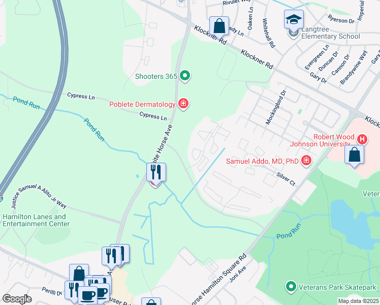 map of restaurants, bars, coffee shops, grocery stores, and more near 45 Juniper Way in Hamilton Township
