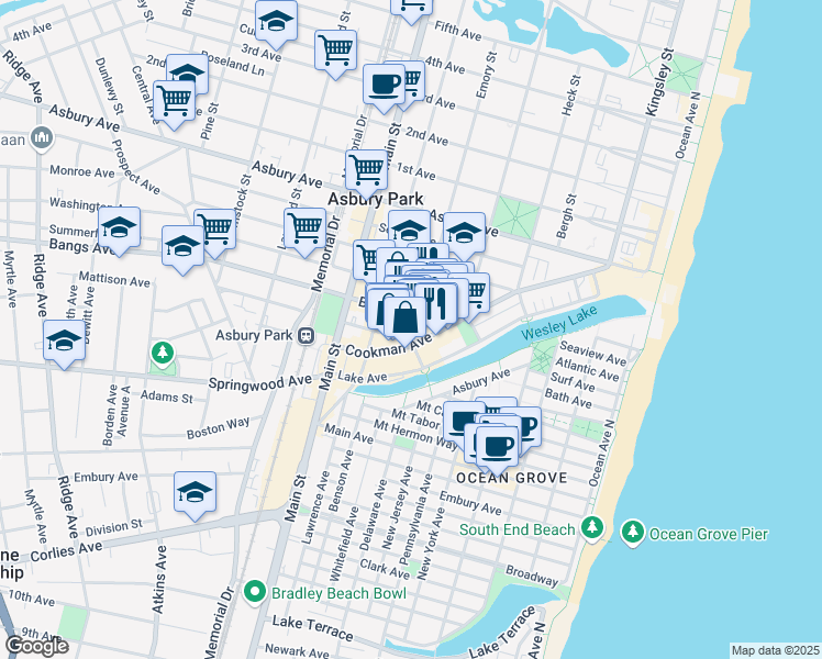 map of restaurants, bars, coffee shops, grocery stores, and more near 601 Mattison Avenue in Asbury Park