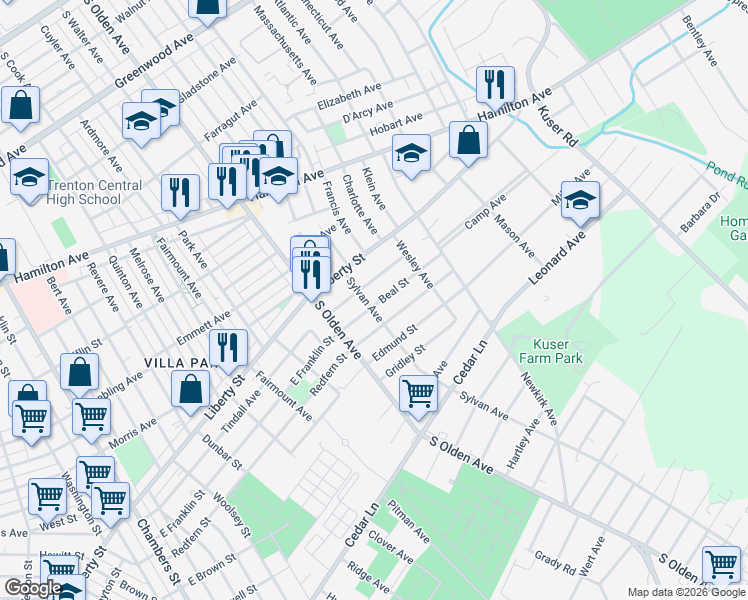 map of restaurants, bars, coffee shops, grocery stores, and more near 108 Beal St in Hamilton Township