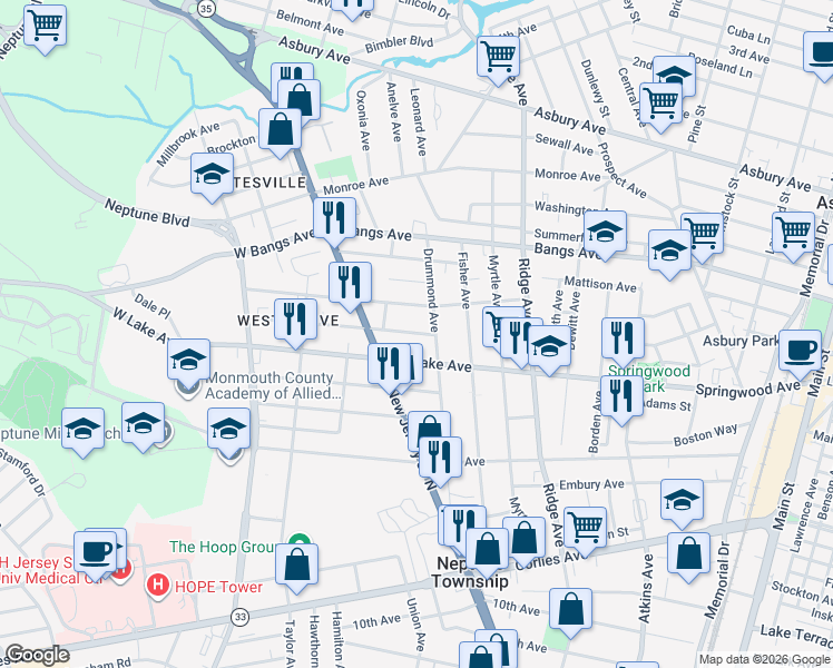 map of restaurants, bars, coffee shops, grocery stores, and more near 1810 Milton Avenue in Neptune City