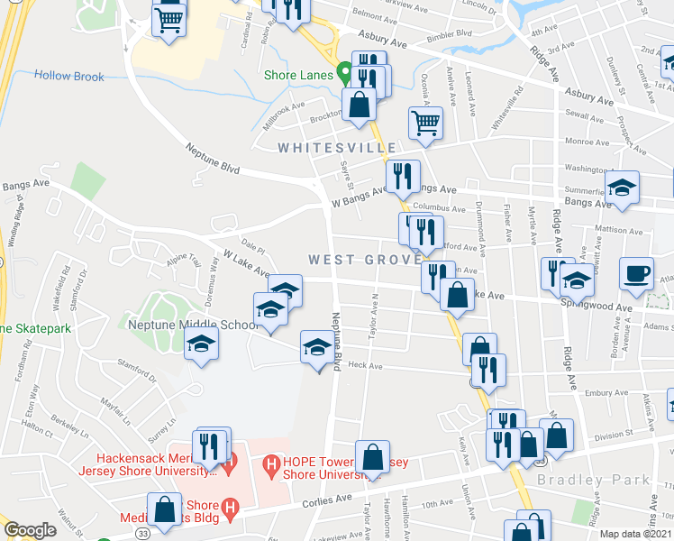 map of restaurants, bars, coffee shops, grocery stores, and more near 304 Neptune Boulevard in Neptune City