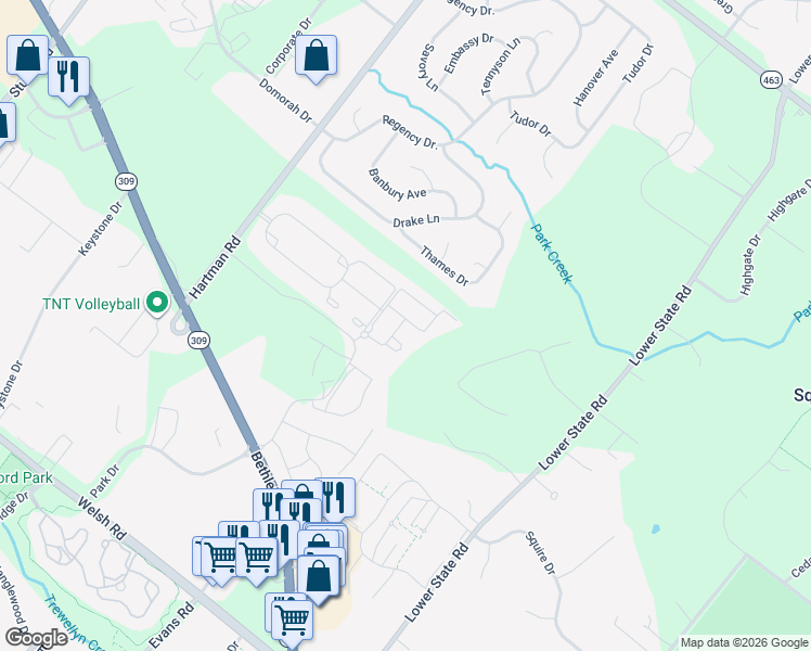 map of restaurants, bars, coffee shops, grocery stores, and more near 209 Bishop Drive in North Wales