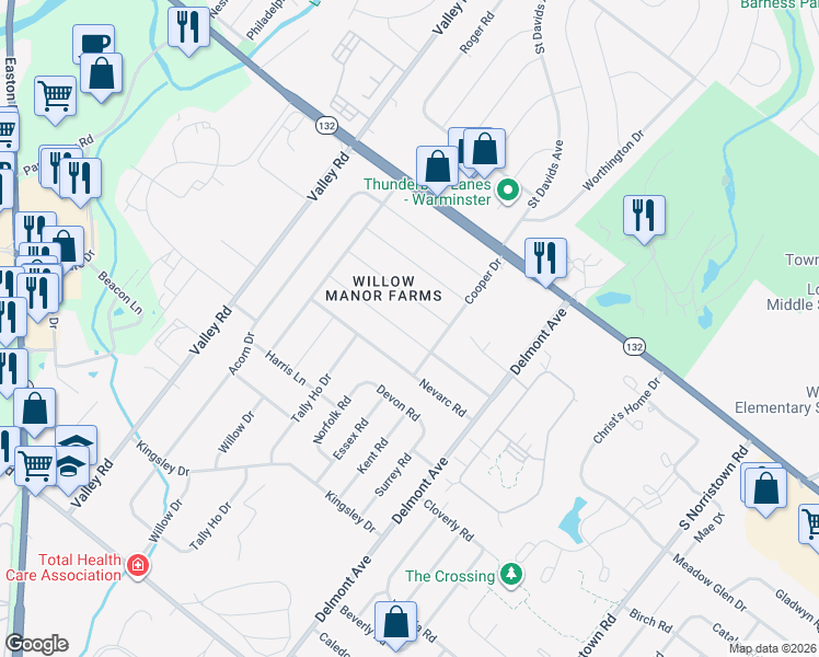 map of restaurants, bars, coffee shops, grocery stores, and more near 1429 Foster Road in Warminster