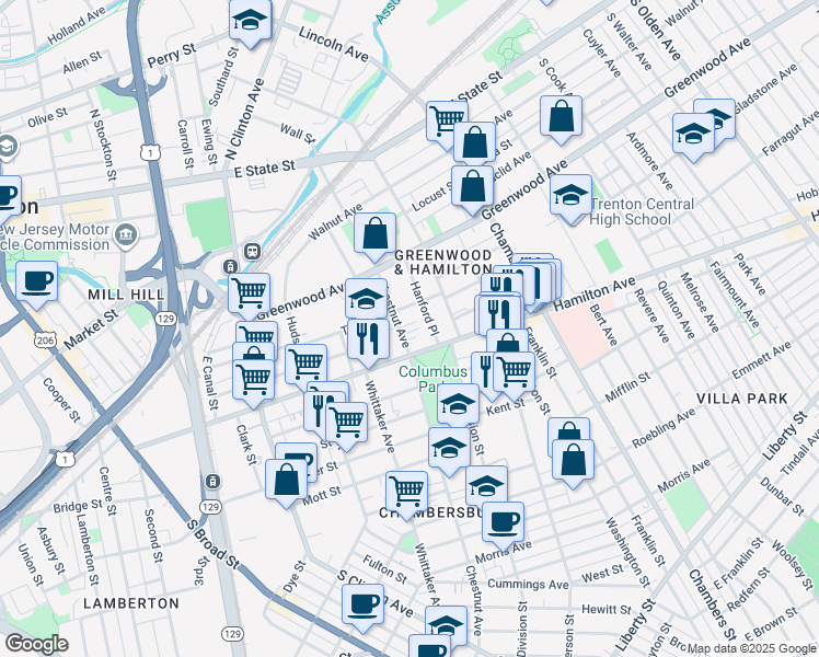 map of restaurants, bars, coffee shops, grocery stores, and more near 318 Chestnut Avenue in Trenton