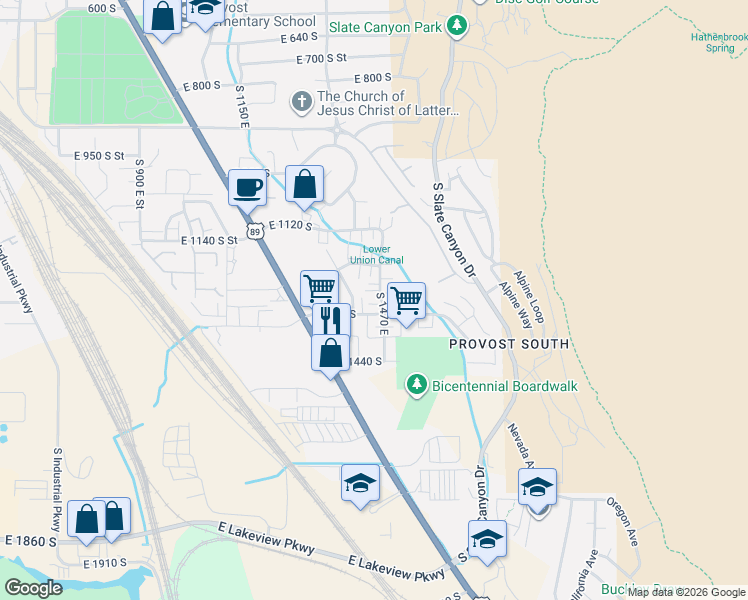map of restaurants, bars, coffee shops, grocery stores, and more near 1453 East 1300 South in Provo