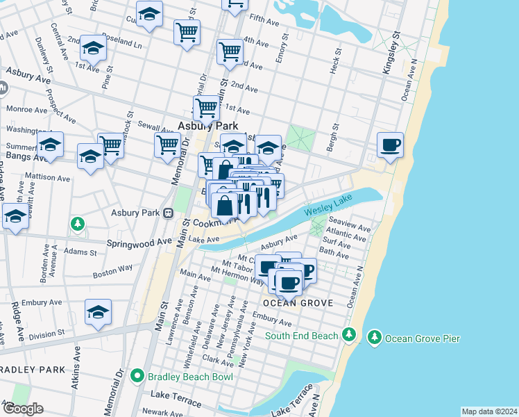 map of restaurants, bars, coffee shops, grocery stores, and more near 511 Cookman Avenue in Asbury Park