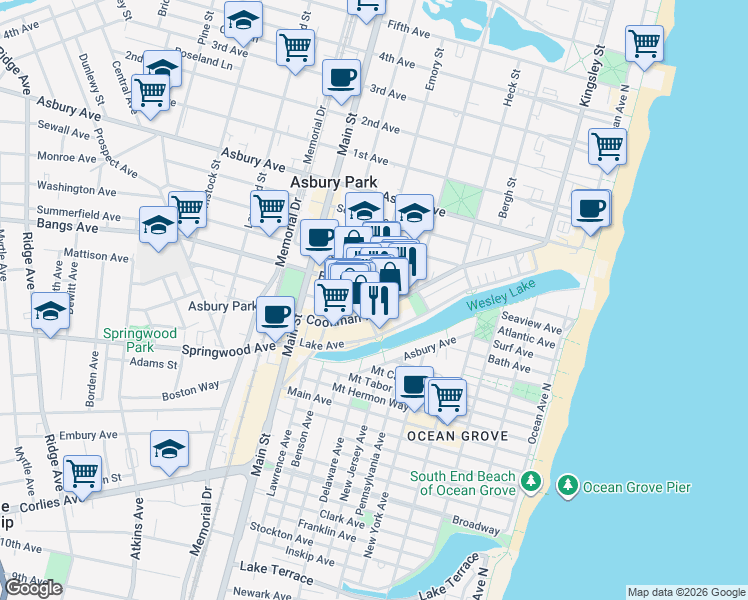 map of restaurants, bars, coffee shops, grocery stores, and more near 601 Mattison Avenue in Asbury Park