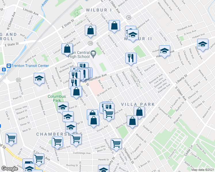 map of restaurants, bars, coffee shops, grocery stores, and more near 132 Columbus Avenue in Trenton