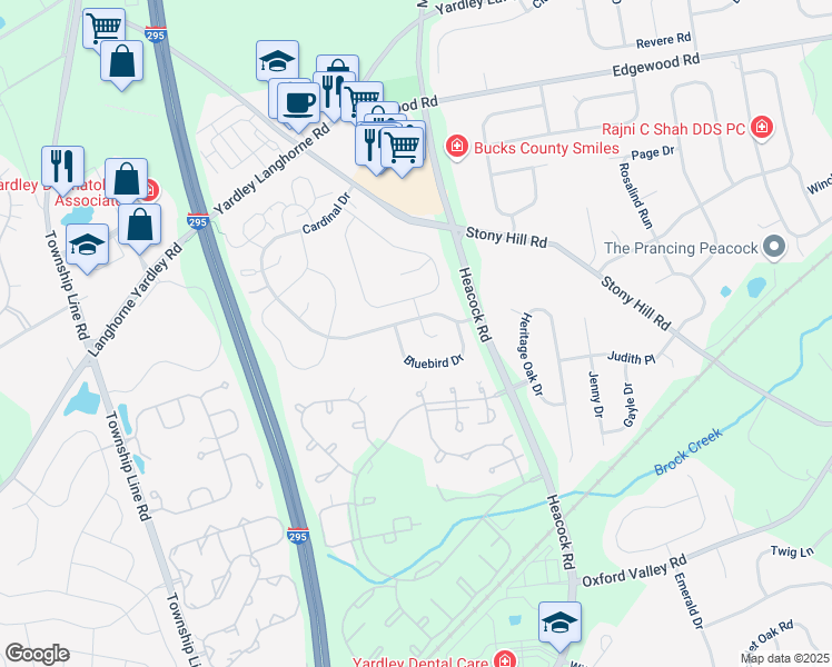 map of restaurants, bars, coffee shops, grocery stores, and more near 576A Thrush Court in Yardley