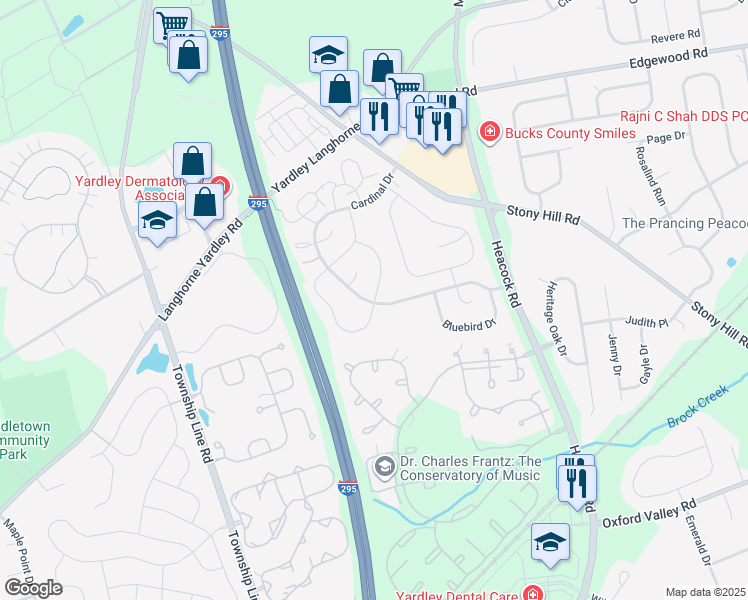 map of restaurants, bars, coffee shops, grocery stores, and more near 581 Wrensong Road in Yardley