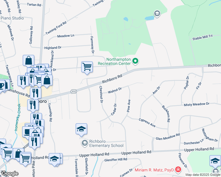 map of restaurants, bars, coffee shops, grocery stores, and more near 33 Walnut Drive in Richboro