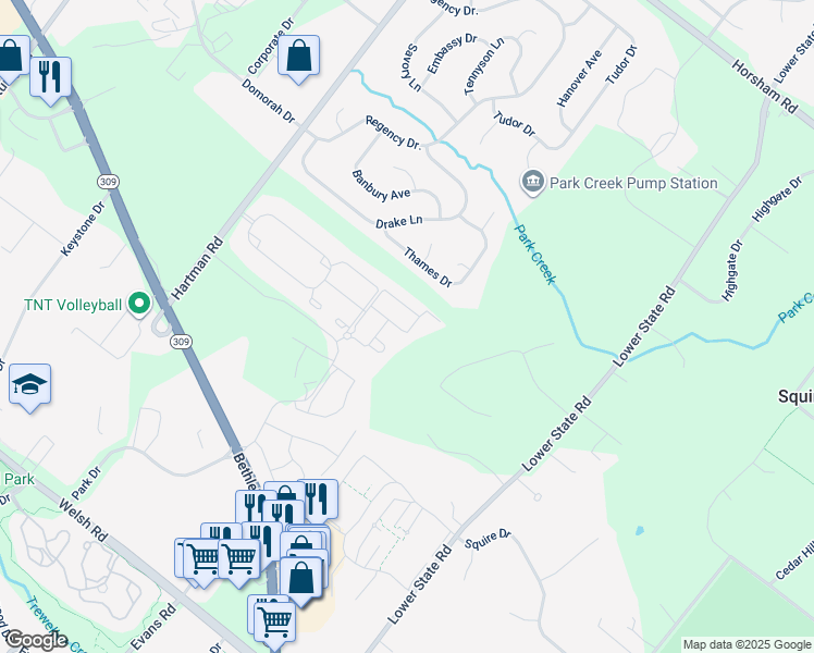 map of restaurants, bars, coffee shops, grocery stores, and more near 510 Ellison Drive in North Wales