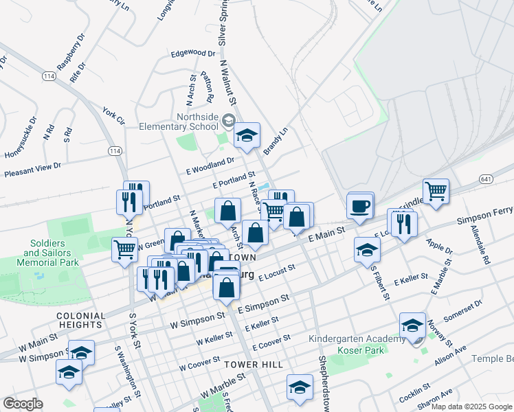 map of restaurants, bars, coffee shops, grocery stores, and more near 131 East Green Street in Mechanicsburg