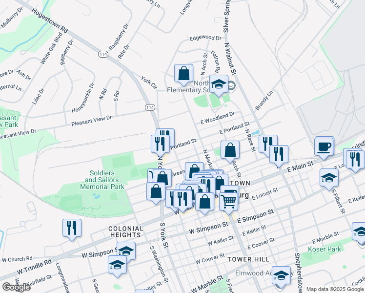 map of restaurants, bars, coffee shops, grocery stores, and more near 99 West Portland Street in Mechanicsburg
