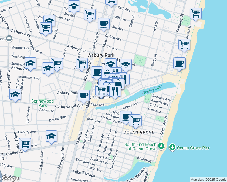 map of restaurants, bars, coffee shops, grocery stores, and more near 300 Emory Street in Asbury Park
