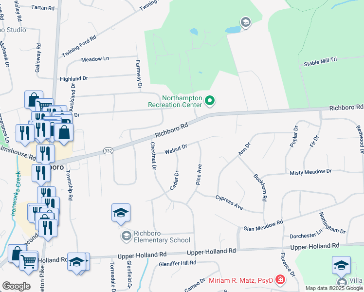 map of restaurants, bars, coffee shops, grocery stores, and more near 57 Walnut Drive in Richboro