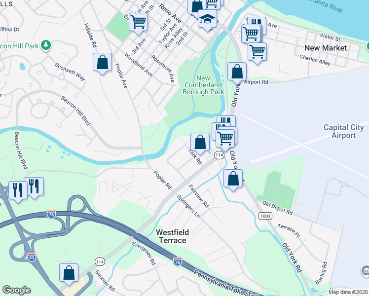 map of restaurants, bars, coffee shops, grocery stores, and more near 208 York Road in New Cumberland