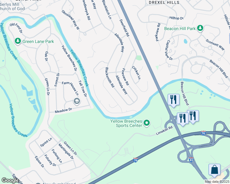 map of restaurants, bars, coffee shops, grocery stores, and more near 144 Blacksmith Rd in Camp Hill