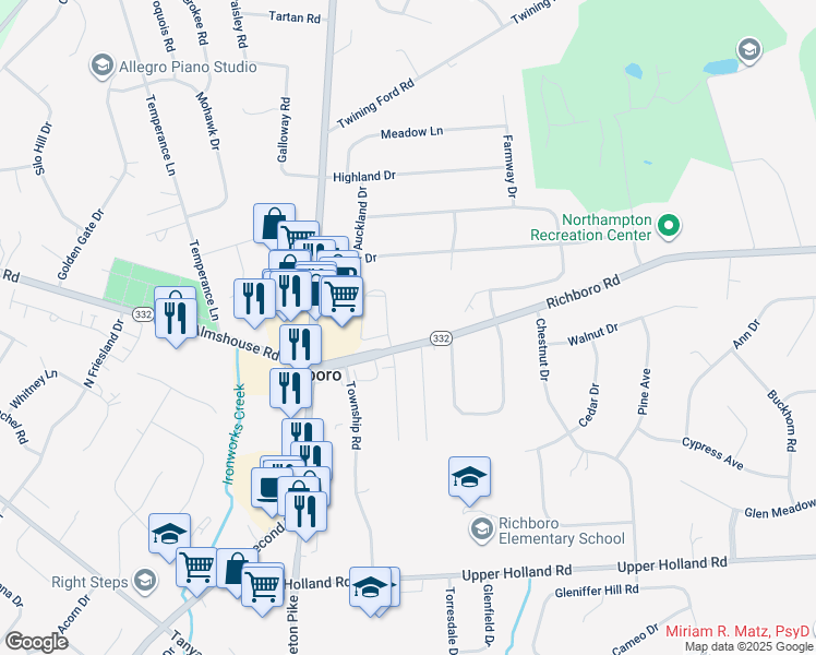 map of restaurants, bars, coffee shops, grocery stores, and more near 65 Richboro Road in Richboro