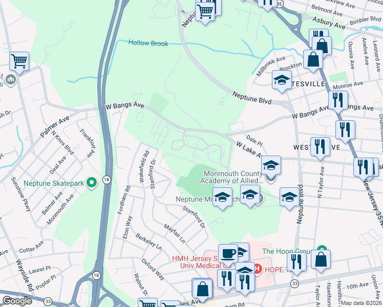 map of restaurants, bars, coffee shops, grocery stores, and more near 1404 Alpine Trail in Neptune City