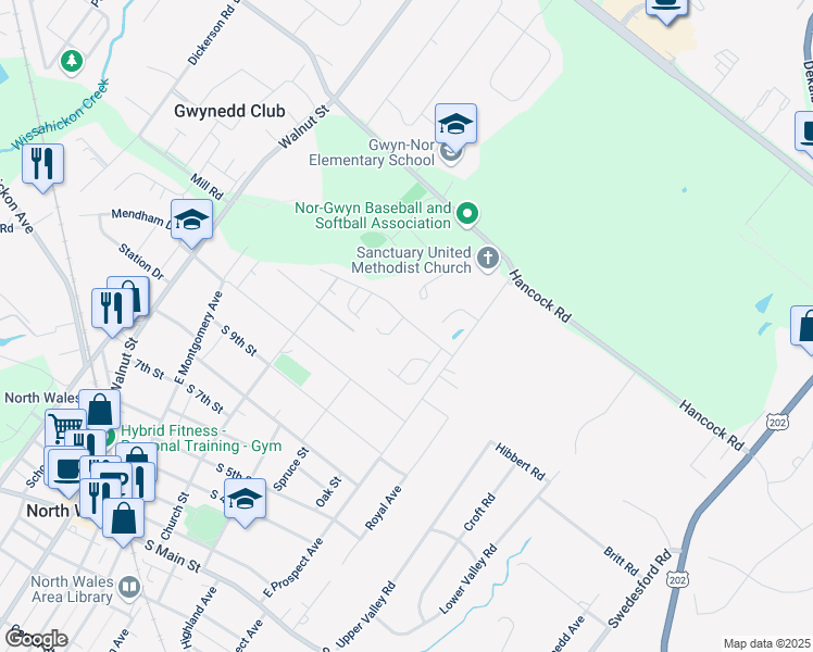 map of restaurants, bars, coffee shops, grocery stores, and more near 1118 Harvest Lane in North Wales