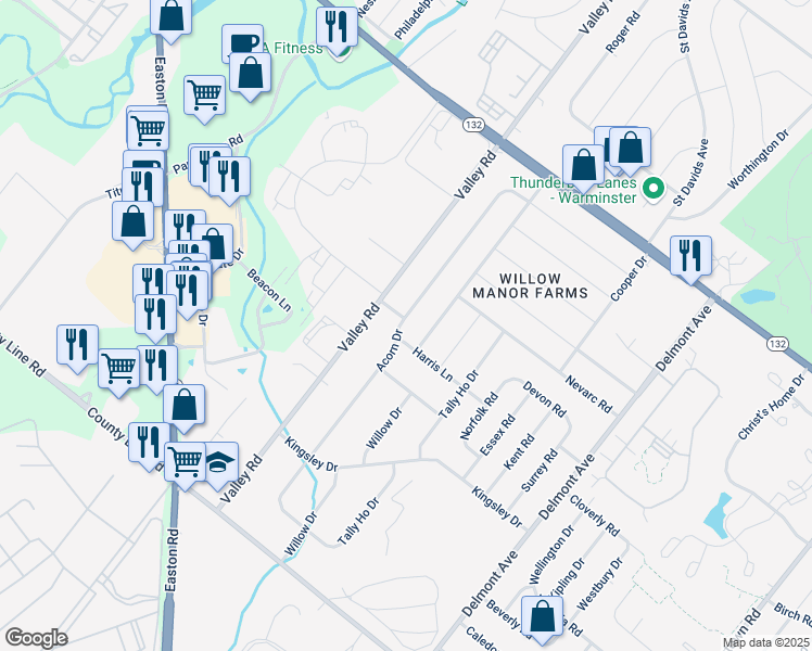 map of restaurants, bars, coffee shops, grocery stores, and more near 312 Acorn Drive in Warminster