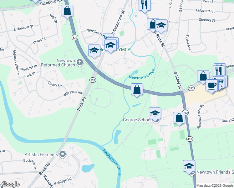 map of restaurants, bars, coffee shops, grocery stores, and more near 813 Diamond Drive in Newtown