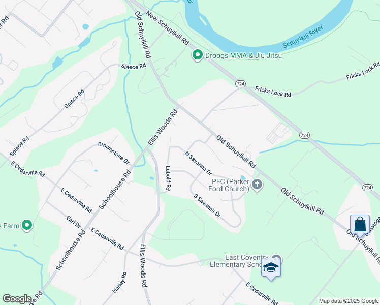 map of restaurants, bars, coffee shops, grocery stores, and more near 10 North Savanna Drive in Pottstown