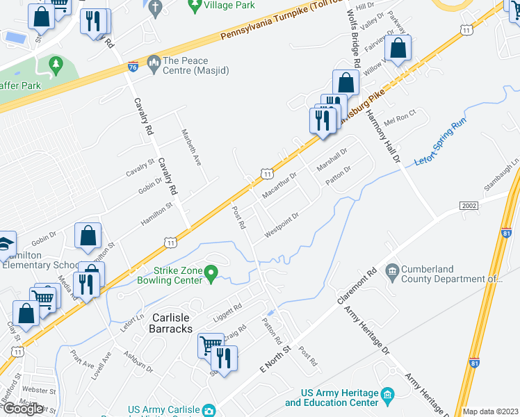map of restaurants, bars, coffee shops, grocery stores, and more near 330 Sherman Avenue in Carlisle